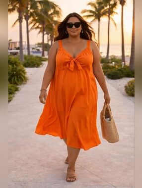 Eloquii Bright Orange Tie-Front Midi Dress | Size 20 | NWT Bold Statement Piece